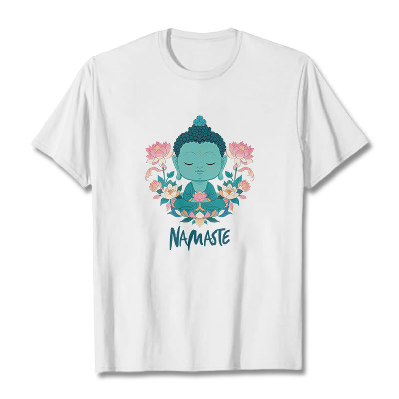 Buddha Stones NAMASTE Buddha Lotus Meditation Tee T-shirt - White - Green NAMASTE - 2XL - image 2