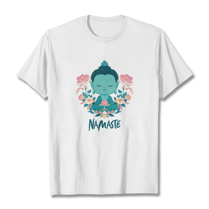 Buddha Stones NAMASTE Buddha Lotus Meditation Tee T-shirt - White - Green NAMASTE - 2XL - image 2