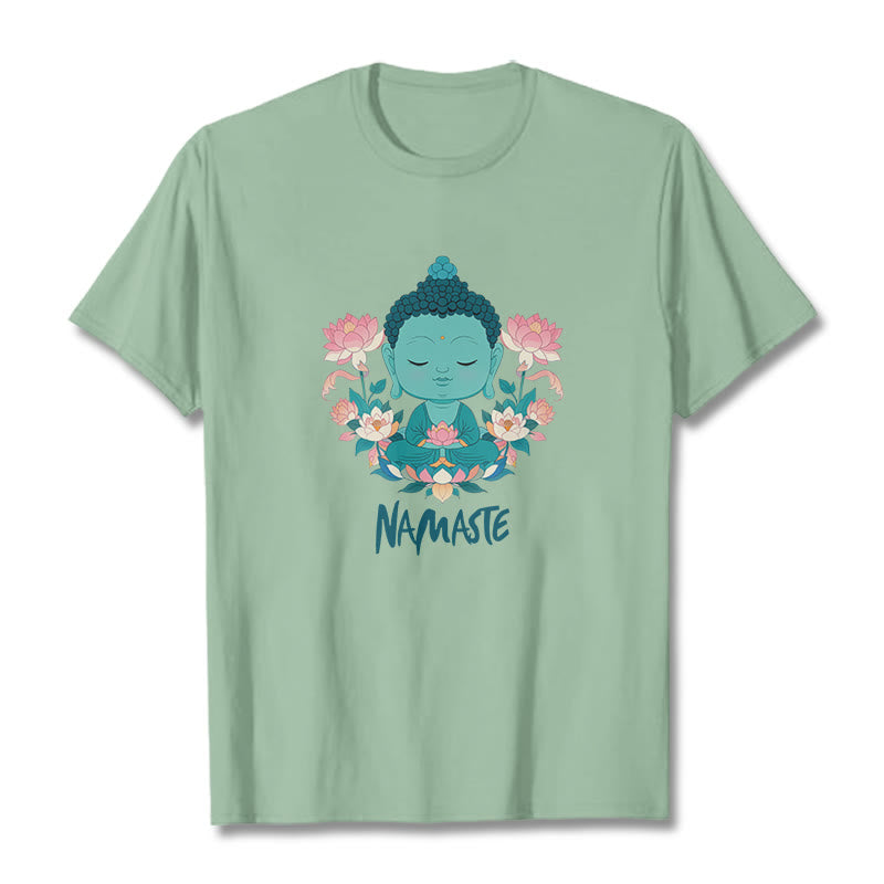 Buddha Stones NAMASTE Buddha Lotus Meditation Tee T-shirt - PaleGreen - Green NAMASTE - 2XL - image 13