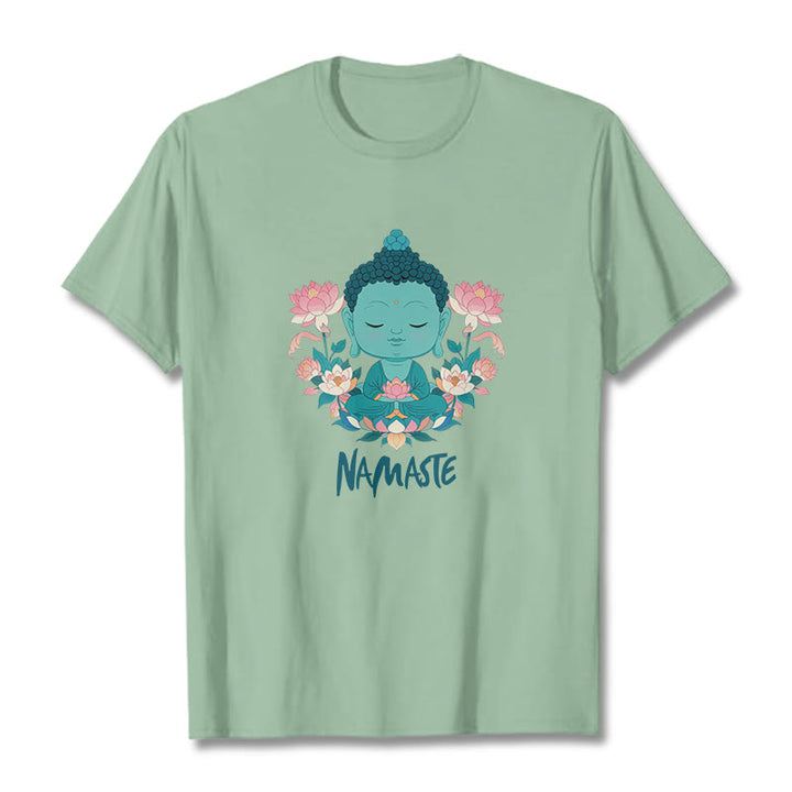 Buddha Stones NAMASTE Buddha Lotus Meditation Tee T-shirt - PaleGreen - Green NAMASTE - 2XL - image 13