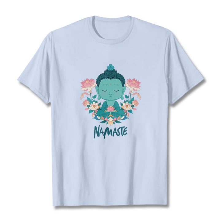 Buddha Stones NAMASTE Buddha Lotus Meditation Tee T-shirt - LightCyan - Green NAMASTE - 2XL - image 17