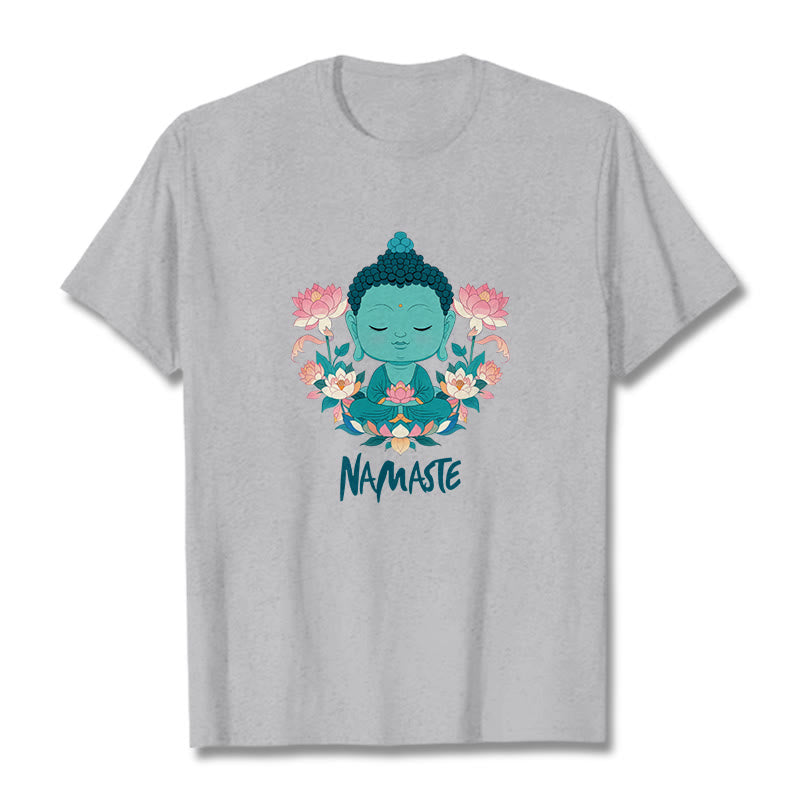 Buddha Stones NAMASTE Buddha Lotus Meditation Tee T-shirt - LightGrey - Green NAMASTE - 2XL - image 18