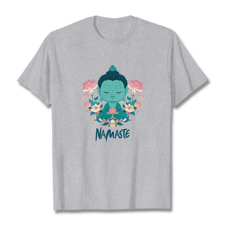 Buddha Stones NAMASTE Buddha Lotus Meditation Tee T-shirt - LightGrey - Green NAMASTE - 2XL - image 18