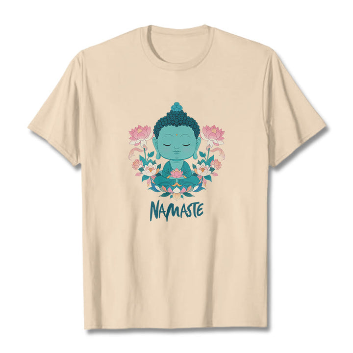 Buddha Stones NAMASTE Buddha Lotus Meditation Tee T-shirt - Bisque - Green NAMASTE - 2XL - image 9