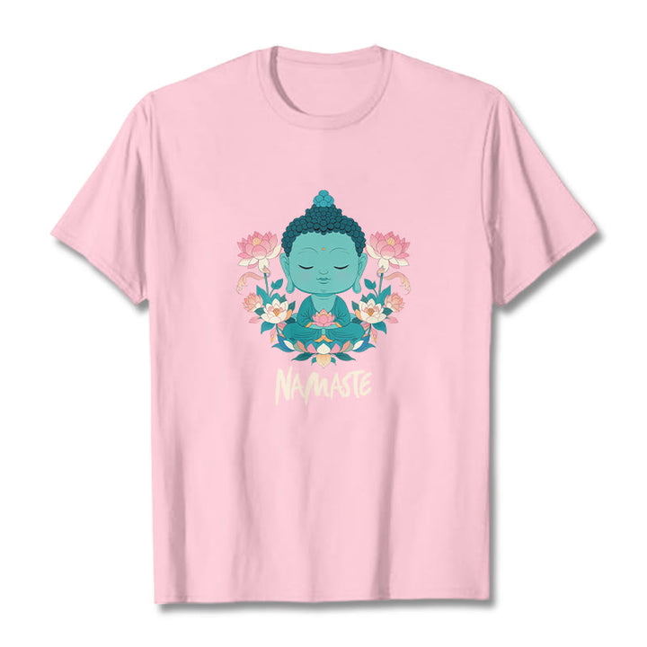 Buddha Stones NAMASTE Buddha Lotus Meditation Tee T-shirt - LightPink - Beige NAMASTE - 2XL - image 19