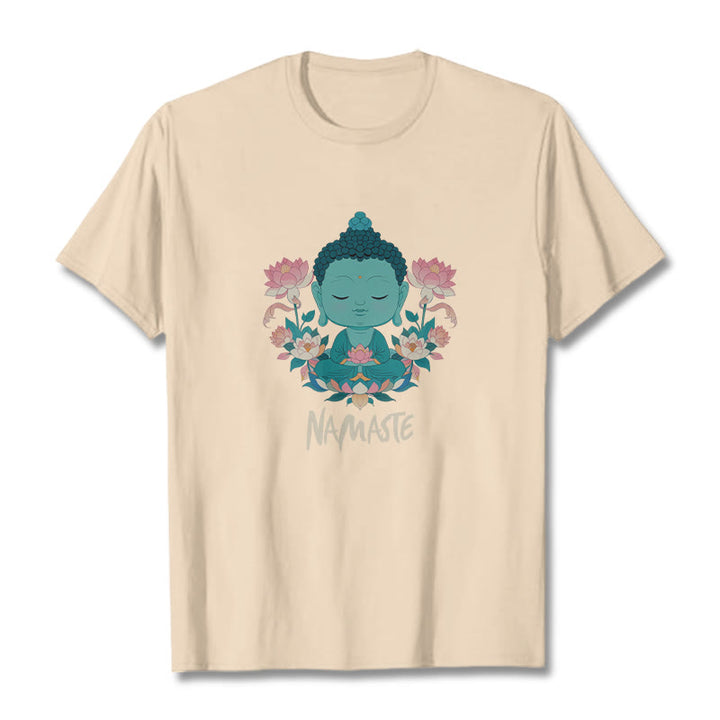 Buddha Stones NAMASTE Buddha Lotus Meditation Tee T-shirt - Bisque - Beige NAMASTE - 2XL - image 28