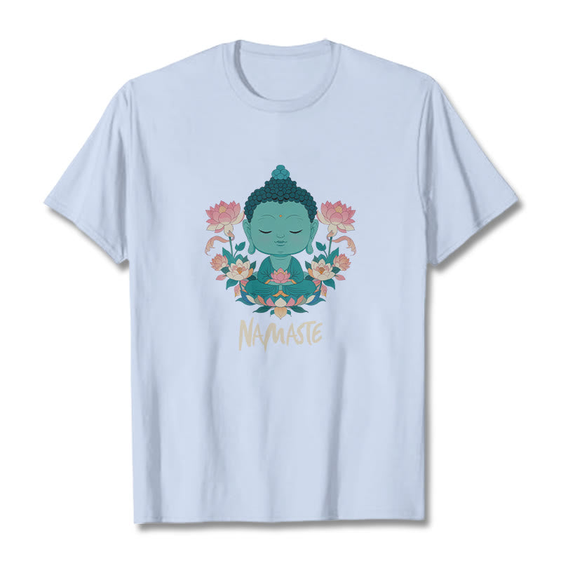 Buddha Stones NAMASTE Buddha Lotus Meditation Tee T-shirt - LightCyan - Beige NAMASTE - 2XL - image 36