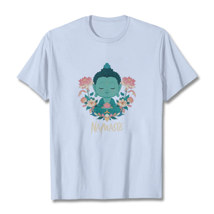 Buddha Stones NAMASTE Buddha Lotus Meditation Tee T-shirt - LightCyan - Beige NAMASTE - 2XL - image 36