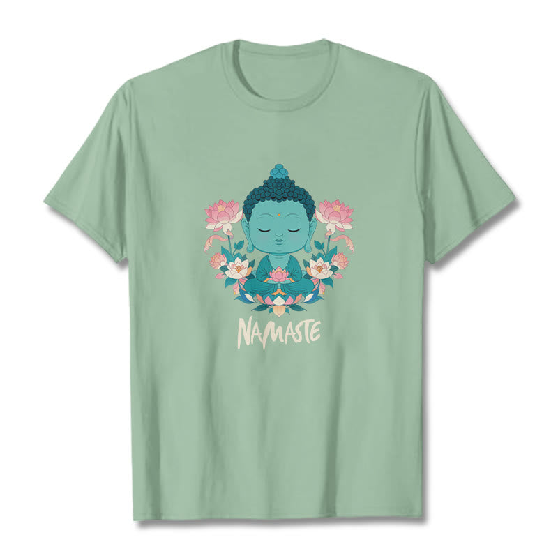 Buddha Stones NAMASTE Buddha Lotus Meditation Tee T-shirt - PaleGreen - Beige NAMASTE - 2XL - image 32