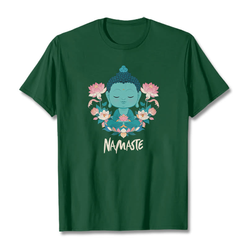 Buddha Stones NAMASTE Buddha Lotus Meditation Tee T-shirt - ForestGreen - Beige NAMASTE - 2XL - image 30