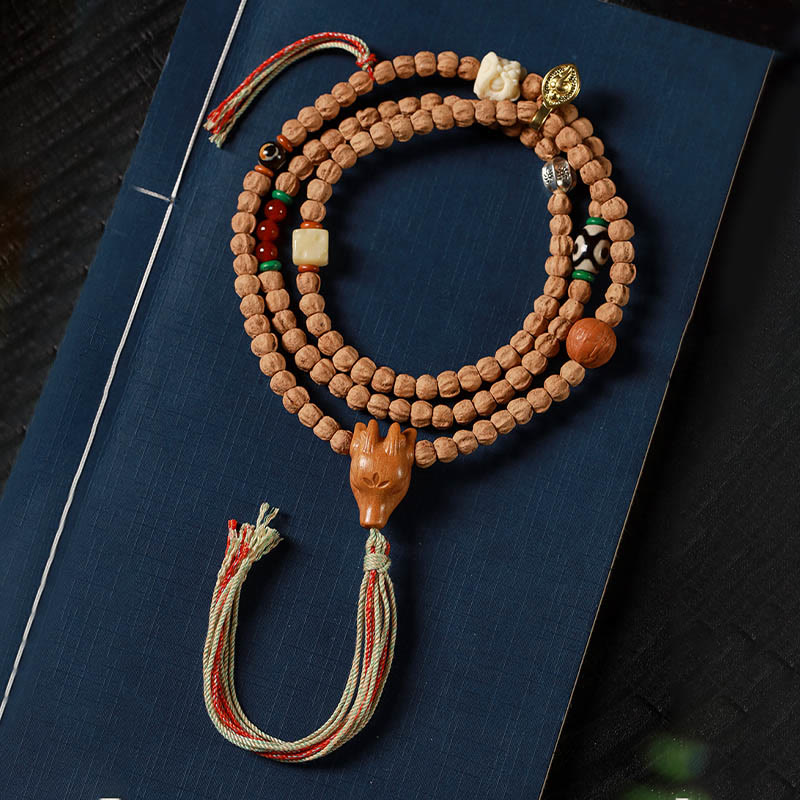 Buddha Stones 108 Beads Bodhi Seed Red Agate Deer Head Wisdom Mala Bracelet - image 1