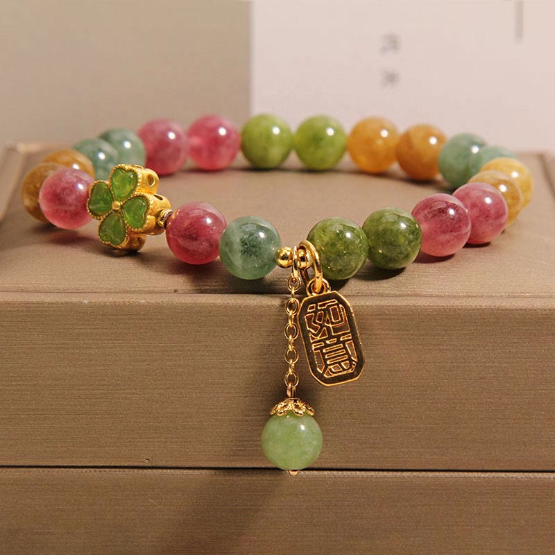 Buddha Stones Tourmaline Jade Colorful Four-leaf Clover Positive Bracelet - Tourmaline Jade(Wrist Circumference 14-18cm) - image 0