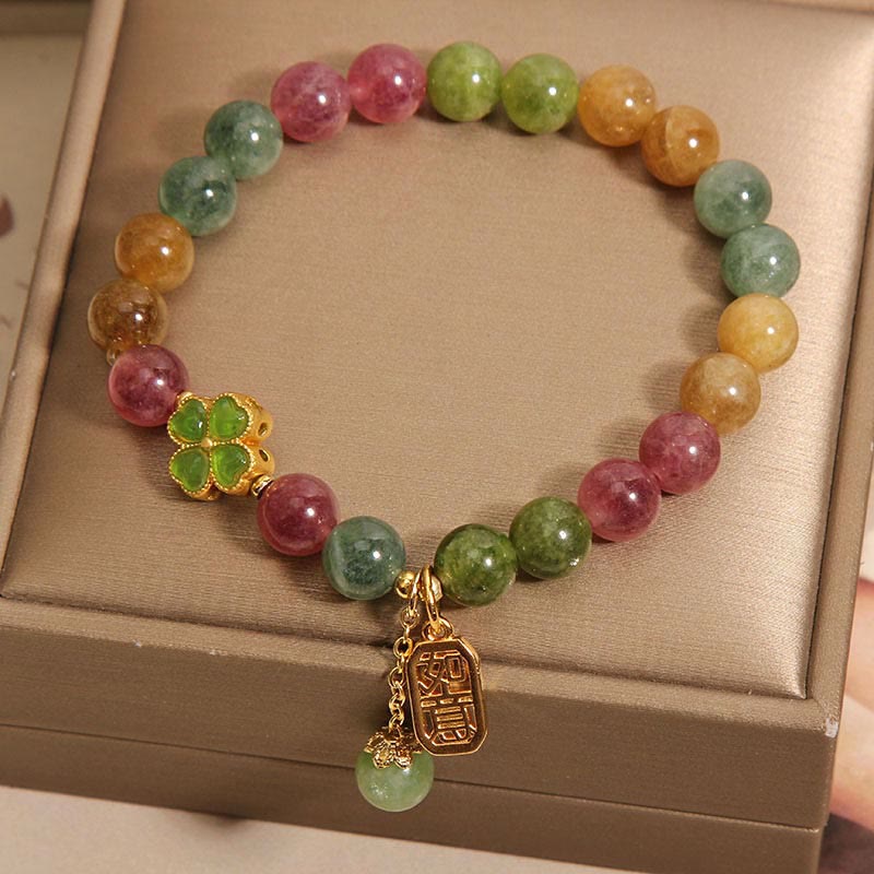 Buddha Stones Tourmaline Jade Colorful Four-leaf Clover Positive Bracelet - image 3