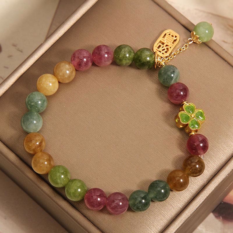 Buddha Stones Tourmaline Jade Colorful Four-leaf Clover Positive Bracelet - image 4