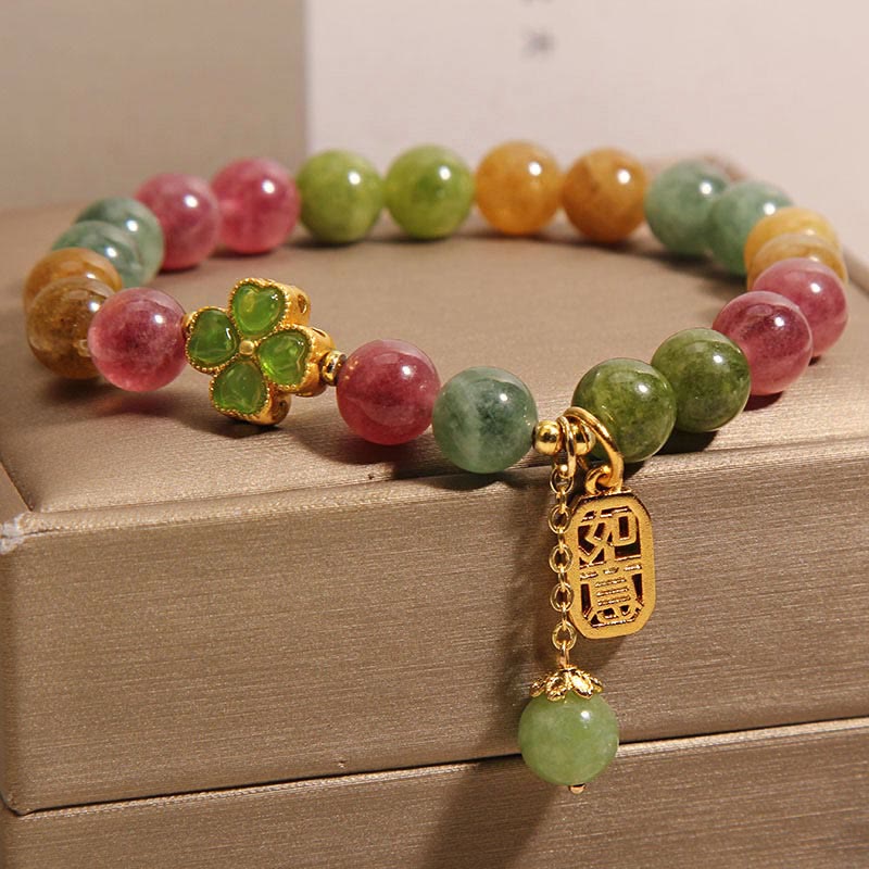 Buddha Stones Tourmaline Jade Colorful Four-leaf Clover Positive Bracelet - image 1