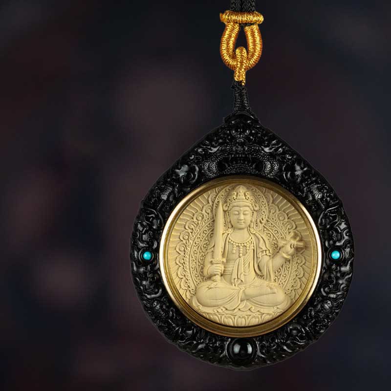 Buddha Stones Chinese Zodiac Natal Buddha Small Leaf Red Sandalwood Ebony Longevity Necklace Pendant - Rabbit-Manjushri Bodhisattva - Ebony - image 2