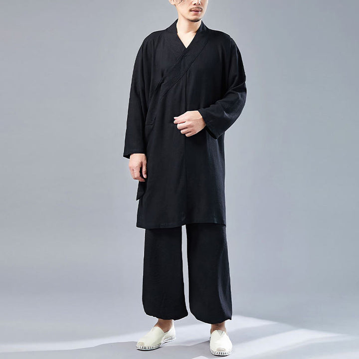 Buddha Stones 2Pcs V-Neck Men's Long Sleeve Shirt Top Pants Meditation Zen Tai Chi Cotton Linen Clothing Set - Black - US/UK/AU42，EU52 (XL)  - image 21