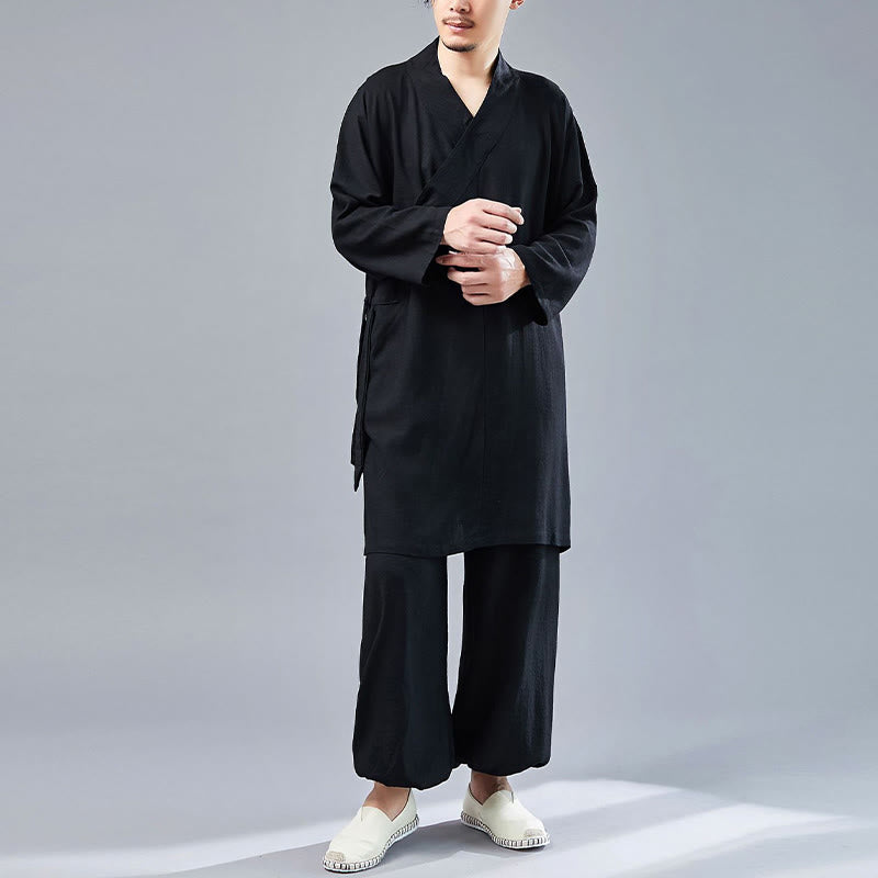 Buddha Stones 2Pcs V-Neck Men's Long Sleeve Shirt Top Pants Meditation Zen Tai Chi Cotton Linen Clothing Set - image 22