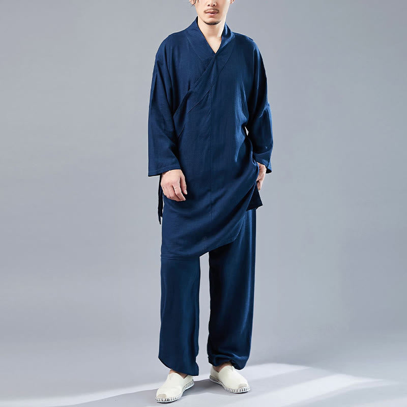 Buddha Stones 2Pcs V-Neck Men's Long Sleeve Shirt Top Pants Meditation Zen Tai Chi Cotton Linen Clothing Set - SteelBlue - US/UK/AU42，EU52 (XL)  - image 31