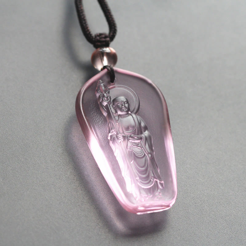 Buddha Stones Ksitigarbha Buddha Liuli Crystal Serenity Amulet Necklace Pendant - Pink Standing Ksitigarbha - image 8