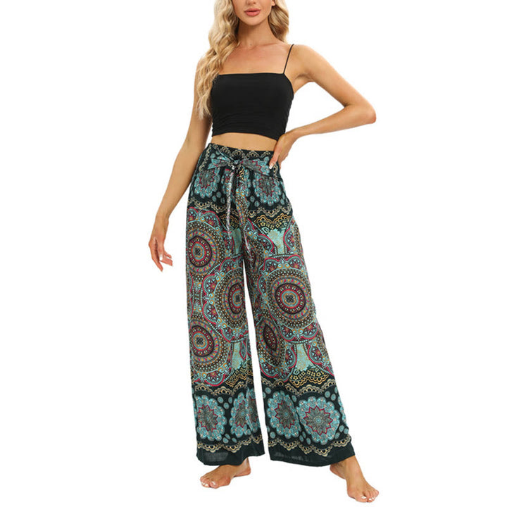 Buddha Stones Boho Mandala Print Lace-up Wide Leg Pants Women's Yoga Pants - image 12