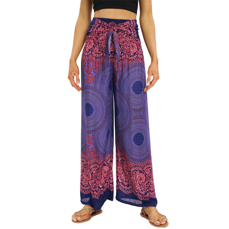 Buddha Stones Bohemian Compass Flower Print Lace-up Wide Leg Pants Women's Yoga Pants - MediumSlateBlue - US2-12，UK/AU6-16，EU34-44 (F) - image 7