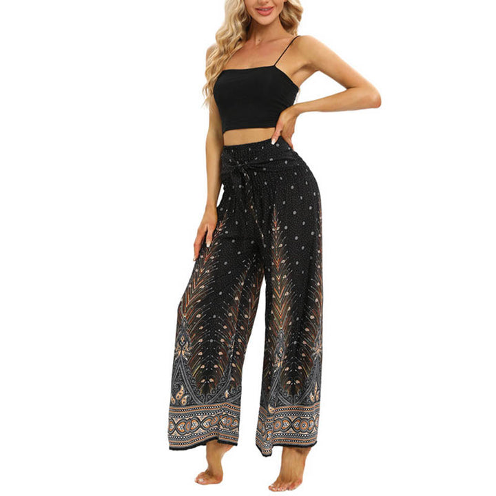 Buddha Stones Boho Peacock Feathers Lace-up Wide Leg Pants Women's Yoga Pants - image 5
