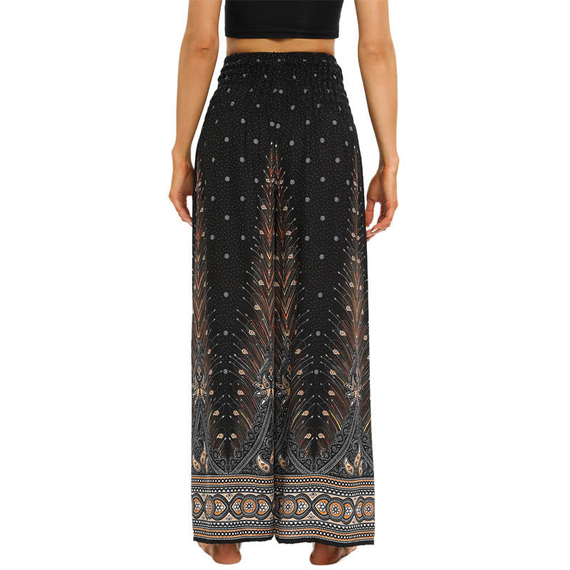 Buddha Stones Boho Peacock Feathers Lace-up Wide Leg Pants Women's Yoga Pants - image 3