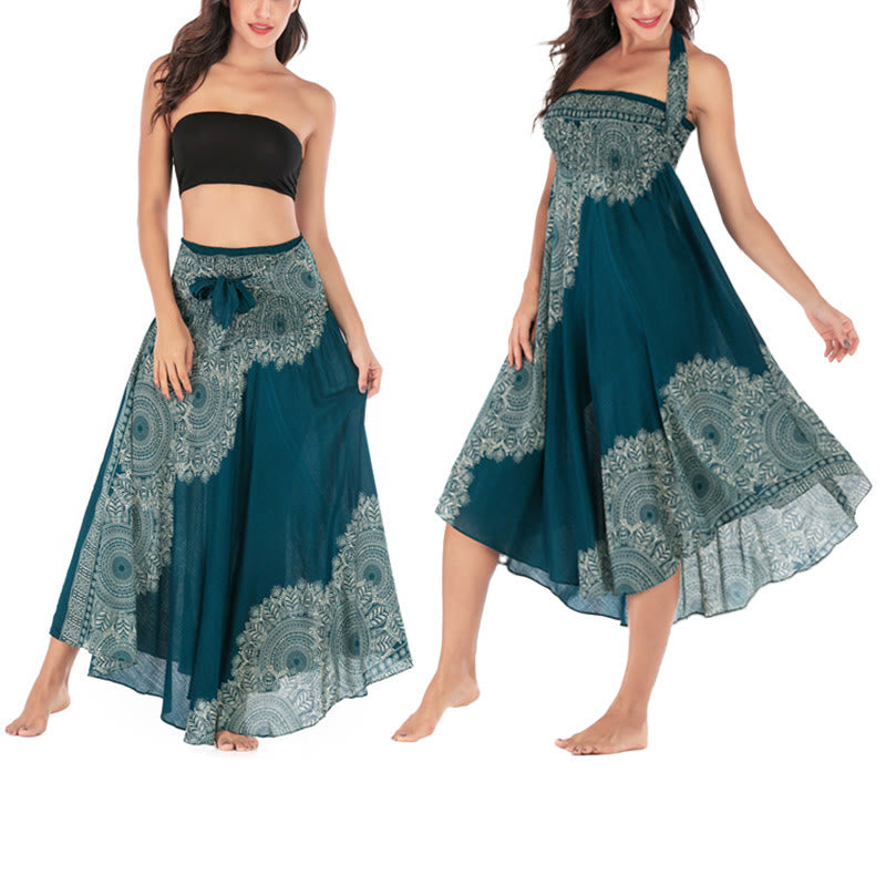 Buddha Stones Two Style Wear Boho Mandala Flower Beach Skirt Dress - DarkTurquoise - US4-12，UK/AU8-16，EU36-44 (F) - image 0