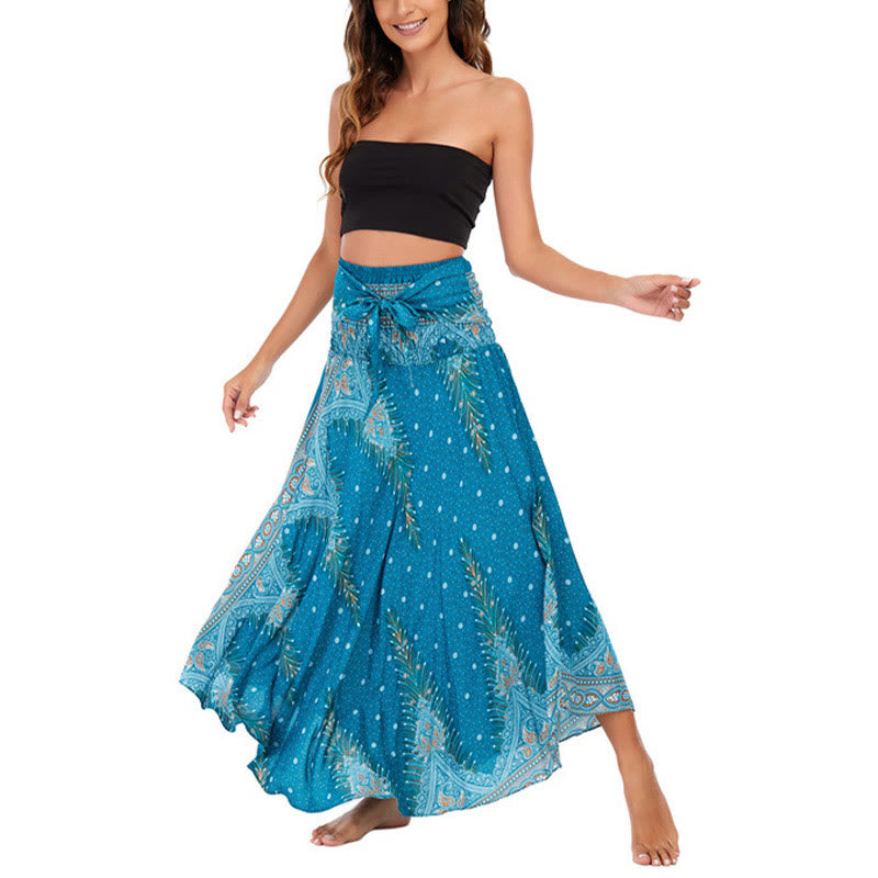 Buddha Stones Two Style Wear Boho Summer Peacock Feather Lace-up Skirt Dress - image 1