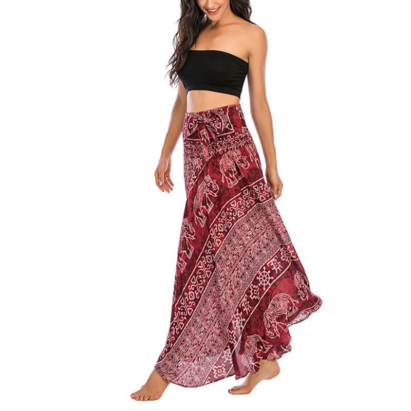 Buddha Stones Two Style Wear Boho Elephant Geometry Lace-up Skirt Dress - image 13