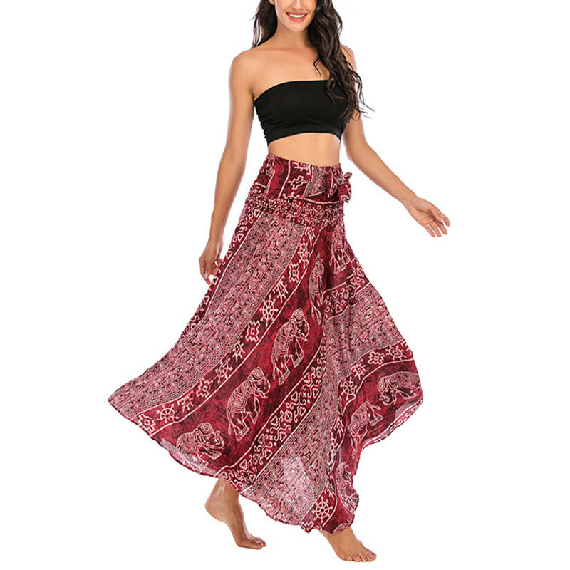 Buddha Stones Two Style Wear Boho Elephant Geometry Lace-up Skirt Dress - image 11