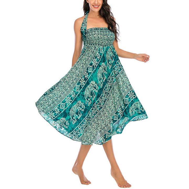 Buddha Stones Two Style Wear Boho Elephant Geometry Lace-up Skirt Dress - image 26