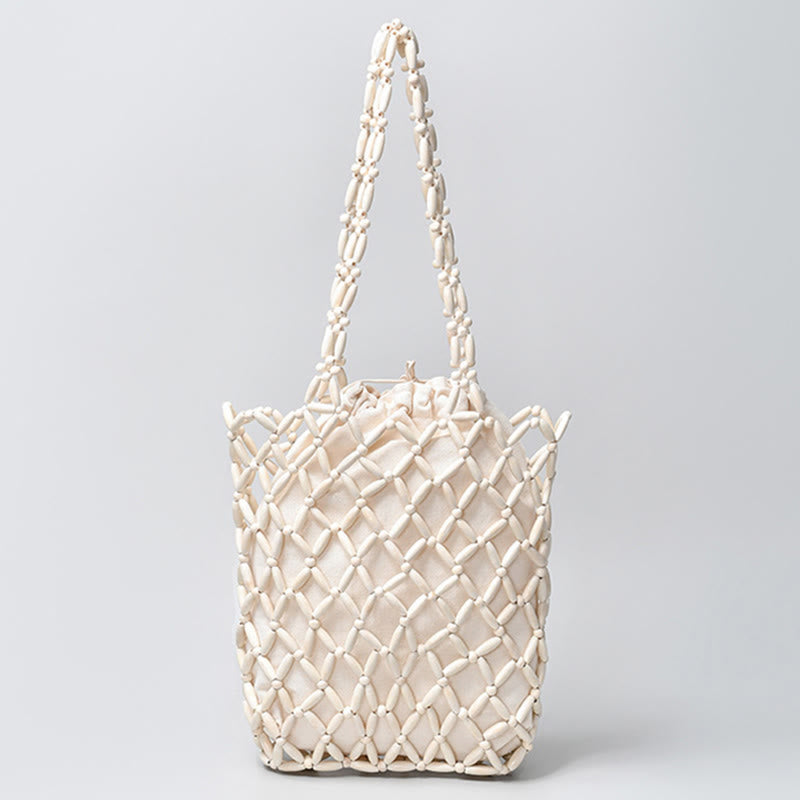 Buddha Stones Hand-woven Wooden Beads Shoulder Bag Handbag - White 25*6*30cm - image 16