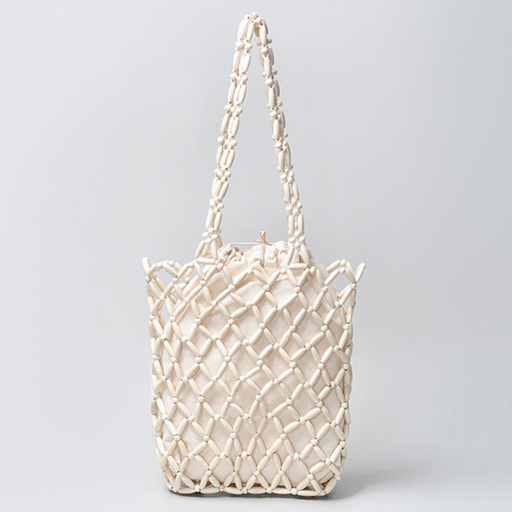 Buddha Stones Hand-woven Wooden Beads Shoulder Bag Handbag - White 25*6*30cm - image 16