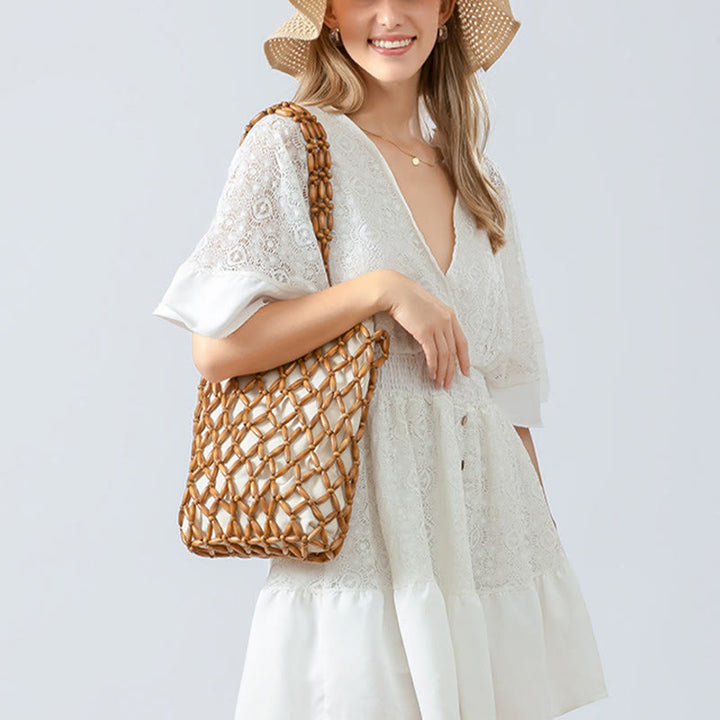 Buddha Stones Hand-woven Wooden Beads Shoulder Bag Handbag - image 11