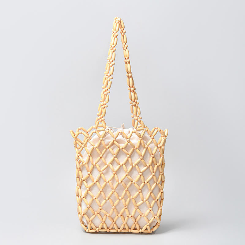 Buddha Stones Hand-woven Wooden Beads Shoulder Bag Handbag - Wheat 25*6*30cm - image 18