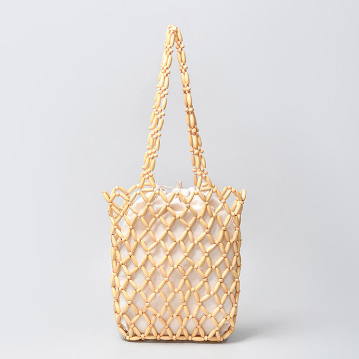 Buddha Stones Hand-woven Wooden Beads Shoulder Bag Handbag - Wheat 25*6*30cm - image 18