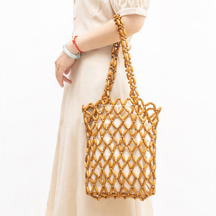 Buddha Stones Hand-woven Wooden Beads Shoulder Bag Handbag - image 2