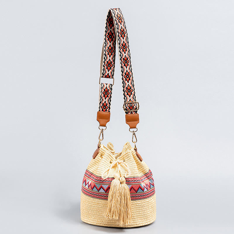 Buddha Stones Beach Geometry Straw Woven Bucket Tassels Crossbody Bag Shoulder Bag - Beige 22*19*22cm - image 0