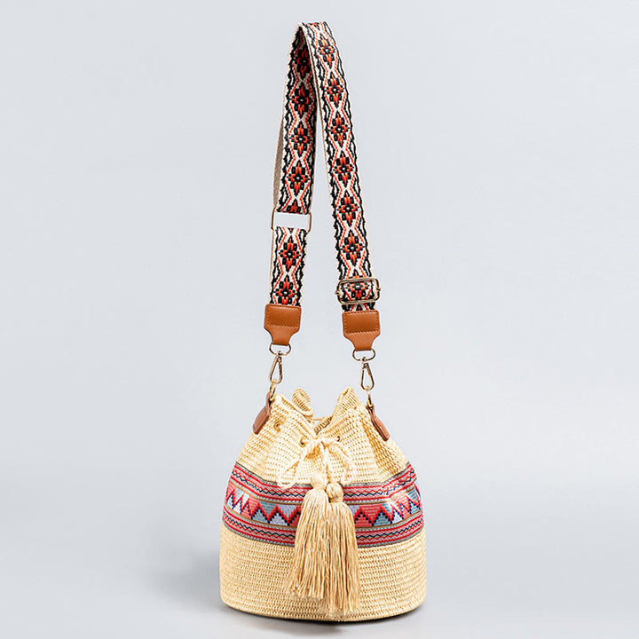 Buddha Stones Beach Geometry Straw Woven Bucket Tassels Crossbody Bag Shoulder Bag - Beige 22*19*22cm - image 0