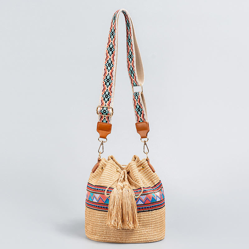 Buddha Stones Beach Geometry Straw Woven Bucket Tassels Crossbody Bag Shoulder Bag - Khaki 22*19*22cm - image 3