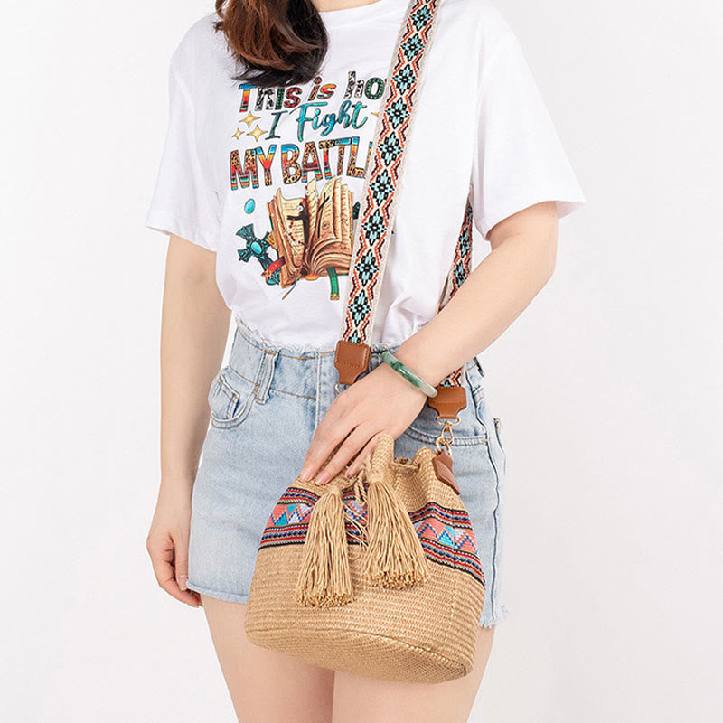 Buddha Stones Beach Geometry Straw Woven Bucket Tassels Crossbody Bag Shoulder Bag - image 11