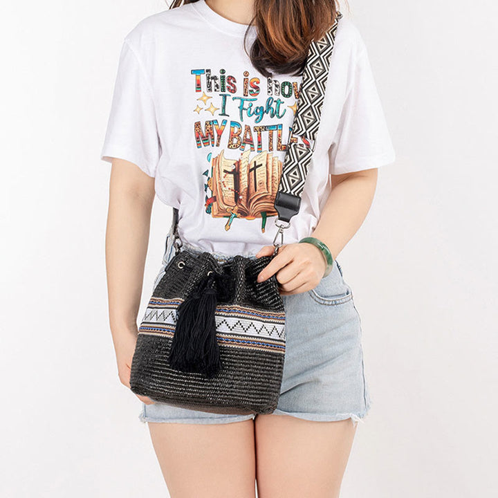 Buddha Stones Beach Geometry Straw Woven Bucket Tassels Crossbody Bag Shoulder Bag - image 14