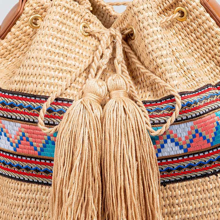 Buddha Stones Beach Geometry Straw Woven Bucket Tassels Crossbody Bag Shoulder Bag - image 6