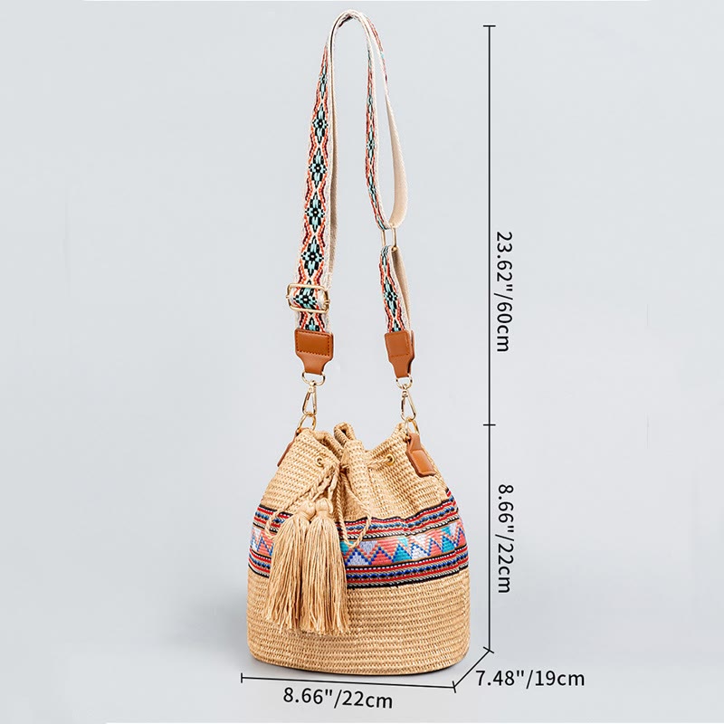 Buddha Stones Beach Geometry Straw Woven Bucket Tassels Crossbody Bag Shoulder Bag - image 9