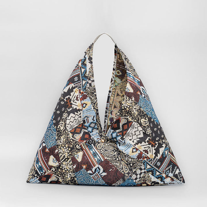 Buddha Stones Flowers Letters Butterfly Geometry Print Underarm Triangle Shoulder Bag - Brown Blue Geometric 58*52cm - image 1