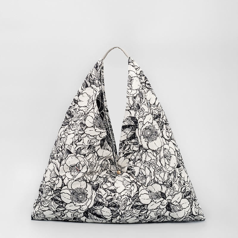 Buddha Stones Flowers Letters Butterfly Geometry Print Underarm Triangle Shoulder Bag - White Black Flowers 58*52cm - image 8