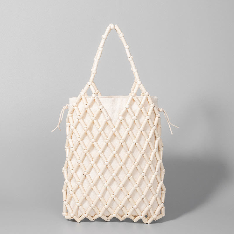 Buddha Stones Hand-woven Mesh Hollow Wooden Beads Handbag - White 15*4*25cm - image 3