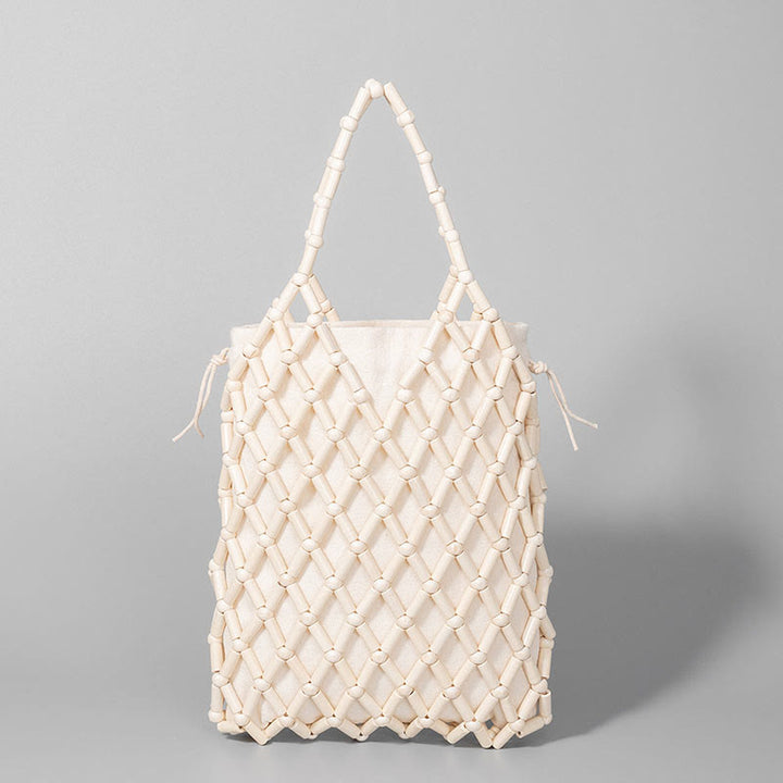 Buddha Stones Hand-woven Mesh Hollow Wooden Beads Handbag - White 15*4*25cm - image 3